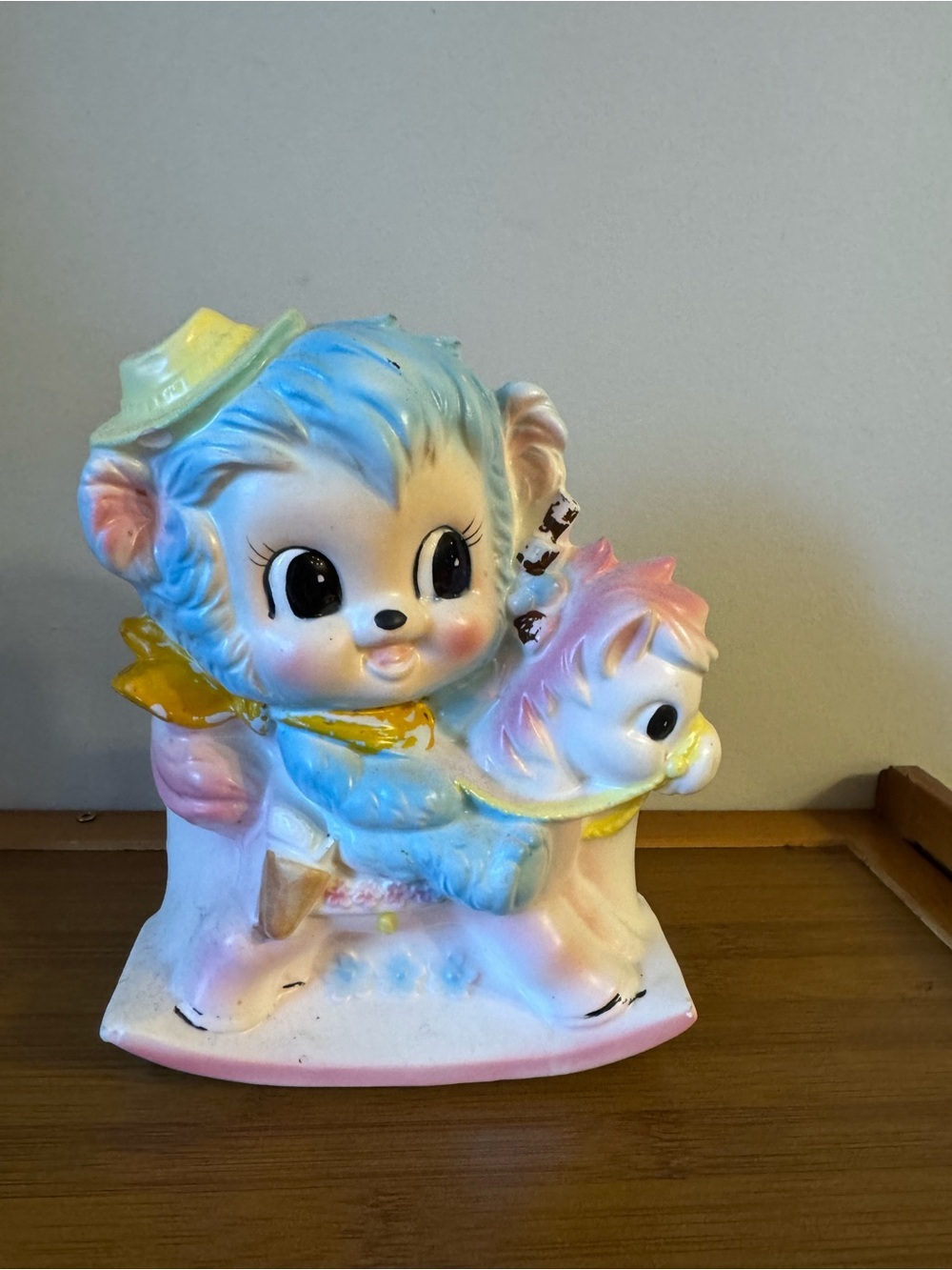 Vintage Pastel Ceramic Figurine Monkey on Rocking Horse plant holder baby shower